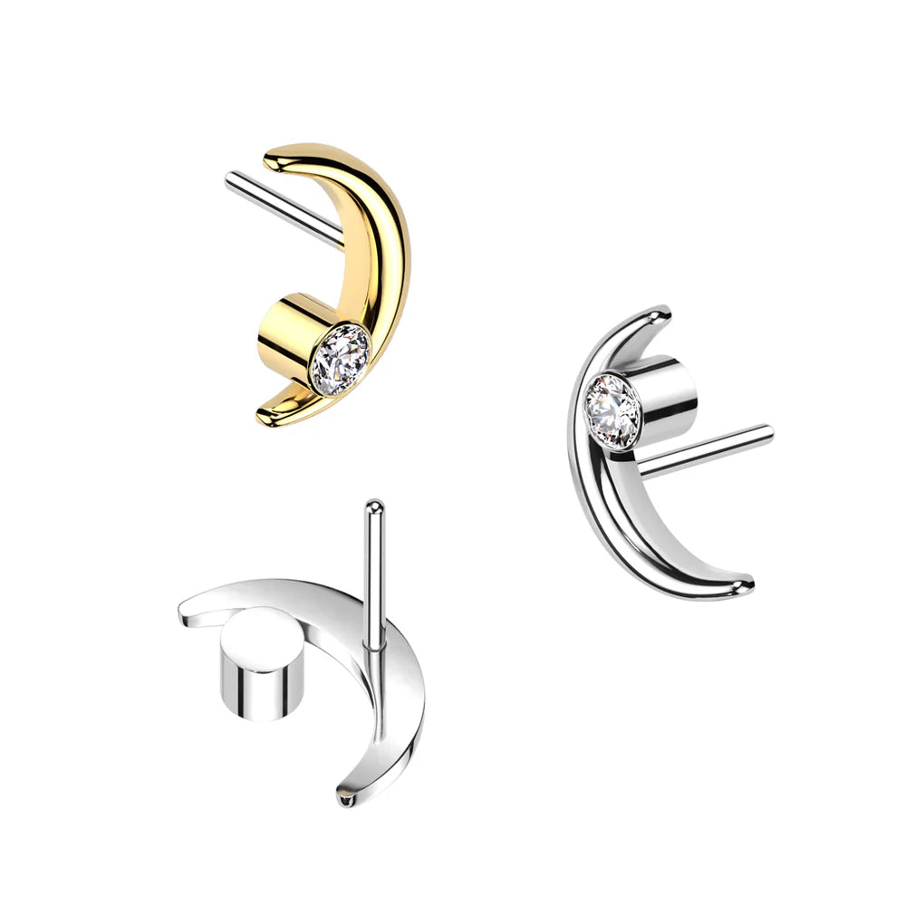 Implant Grade Titanium Threadless Push In Crescent Moon Top With Bezel Set CZ