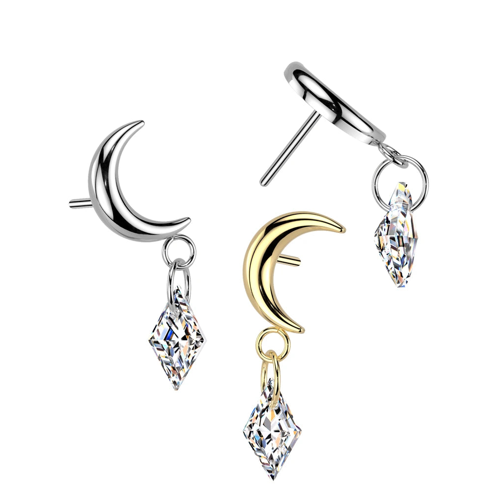 Implant Grade Titanium Threadless Push In Crescent Moon Top With Diamond CZ Dangle