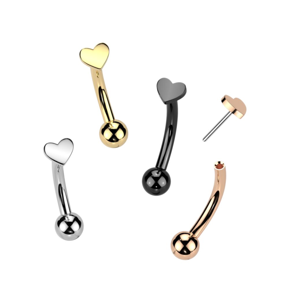 Implant Grade Titanium Threadless Push In Curved Eyebrow Barbell With Heart Top