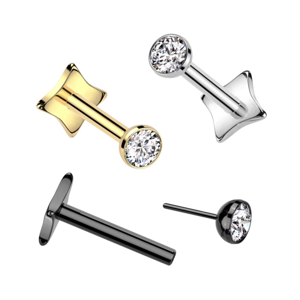 Implant Grade Titanium Threadless Push In Diamond Base Labret With Bezel Set CZ Ball Top