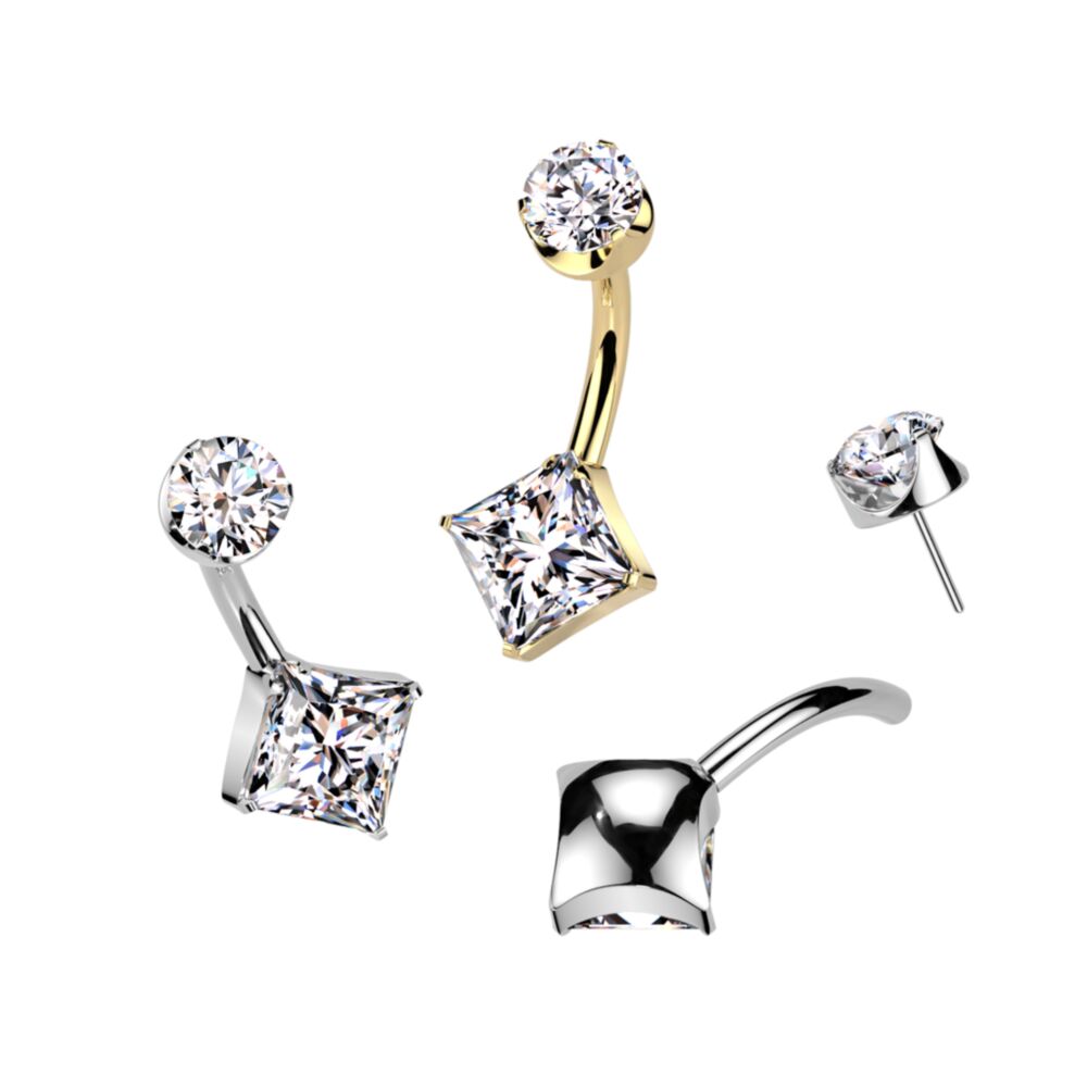 Implant Grade Titanium Threadless Push In Diamond Cut CZ Prong Set Bottom Belly Button Ring With Flat Back Prong Set Round CZ Top