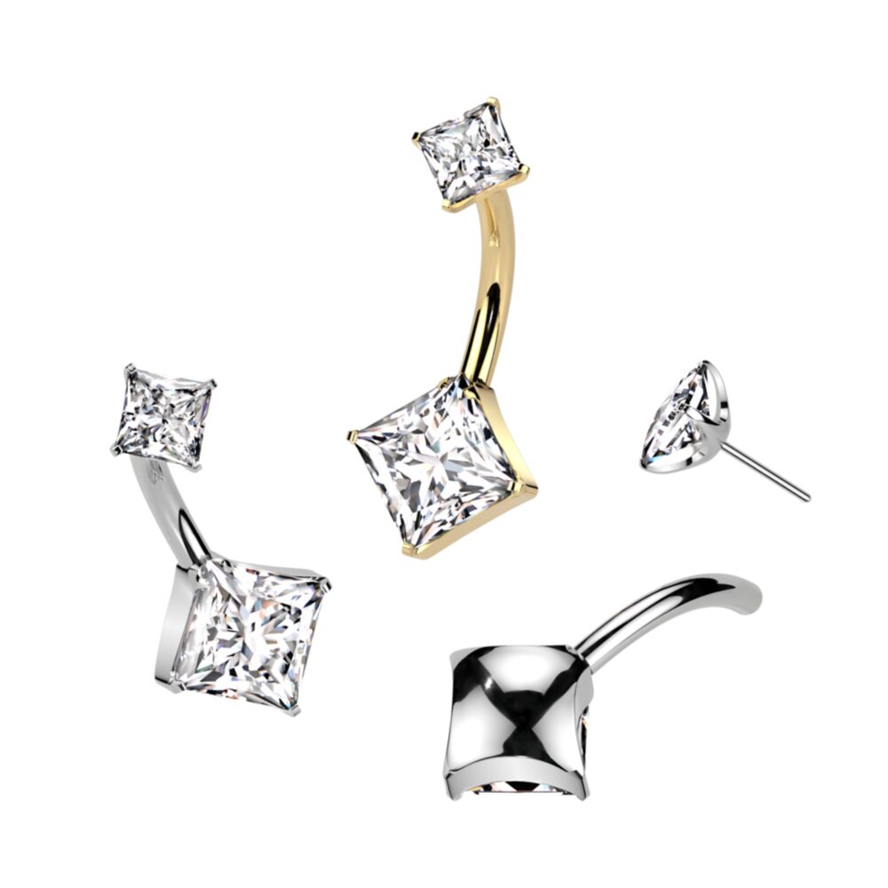 Implant Grade Titanium Threadless Push In Diamond Cut CZ Prong Set Bottom Belly Button Ring With Square CNC Cut Round Back Prong Set CZ Top