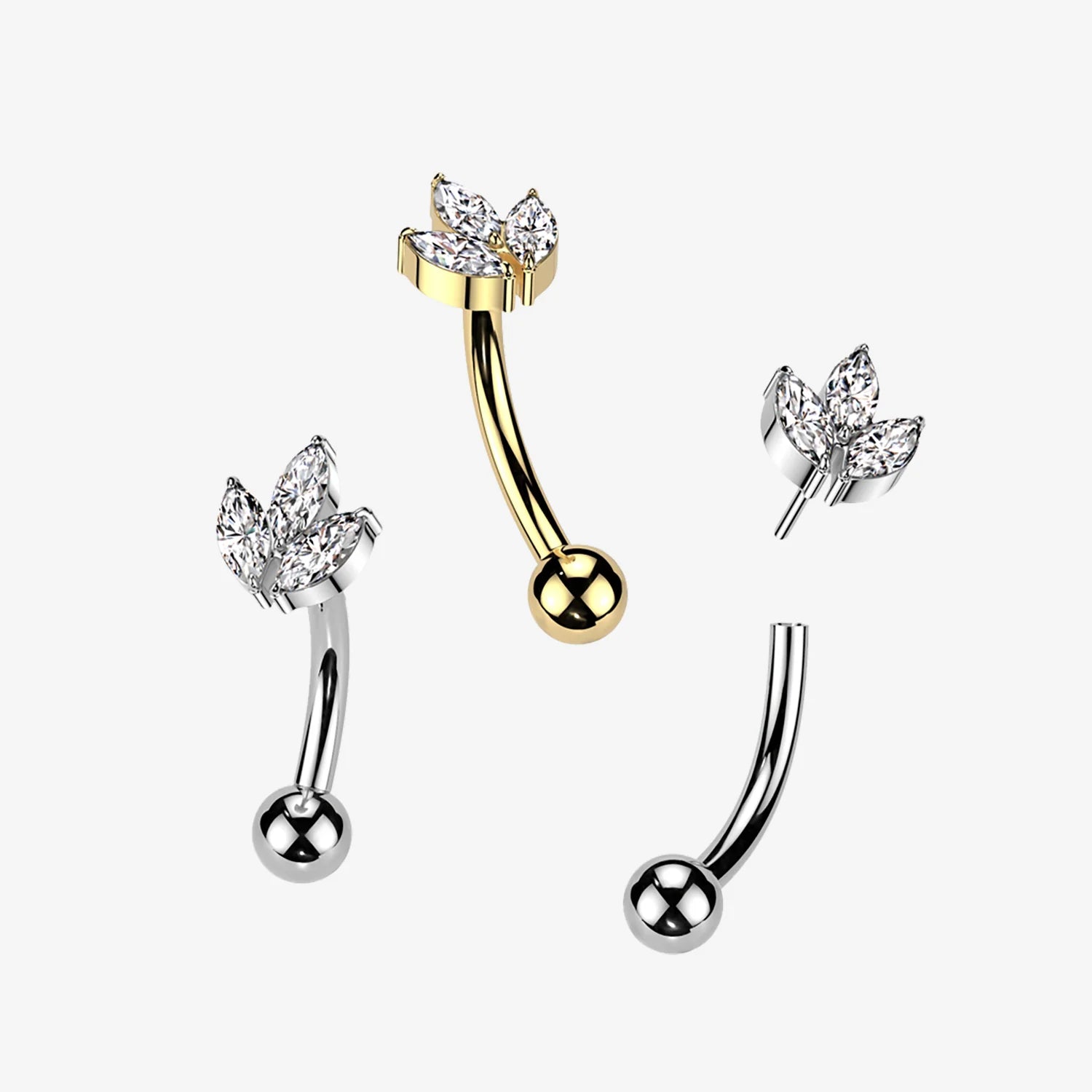 Implant Grade Titanium Threadless Push In Eyebrow Curved Barbell With 3 Marquise CZ Leaf Top