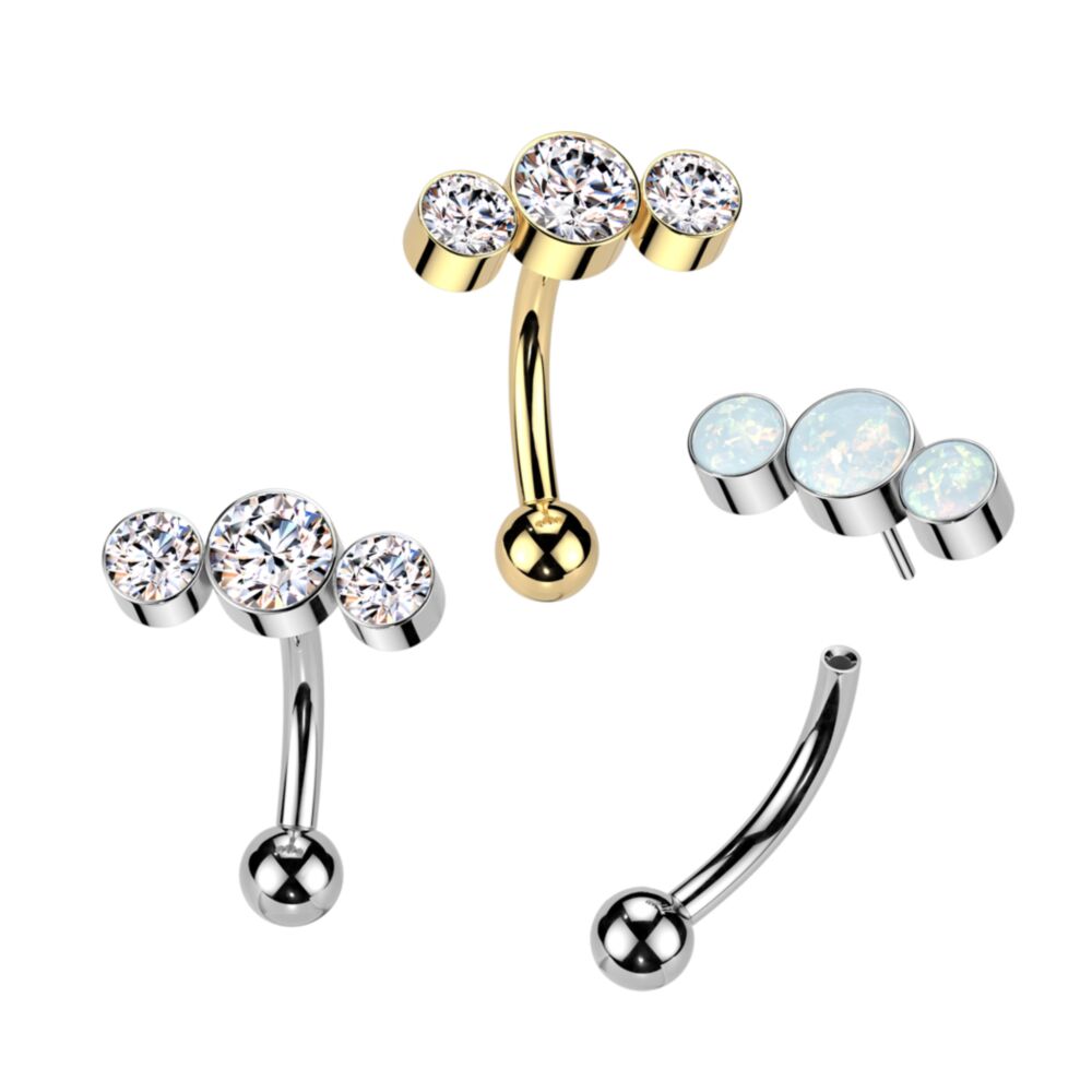 Implant Grade Titanium Threadless Push In Eyebrow Curved Barbell With 3 Round Bezel Set CZ or Opal Curve Top