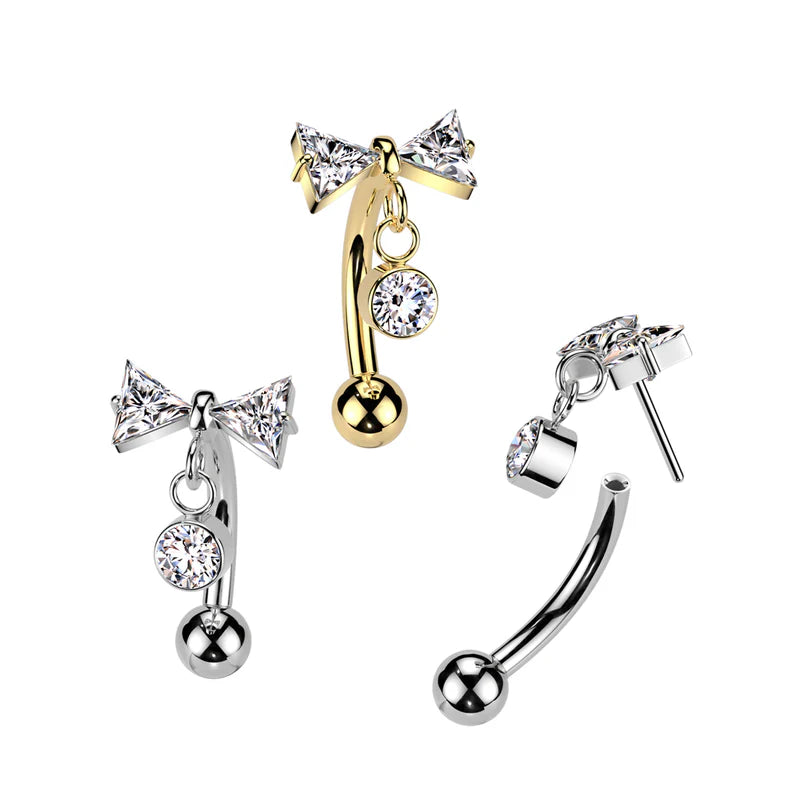 Implant Grade Titanium Threadless Push In Eyebrow Curved Barbell With CZ Bowtie And Bezel Set CZ Dangle Top