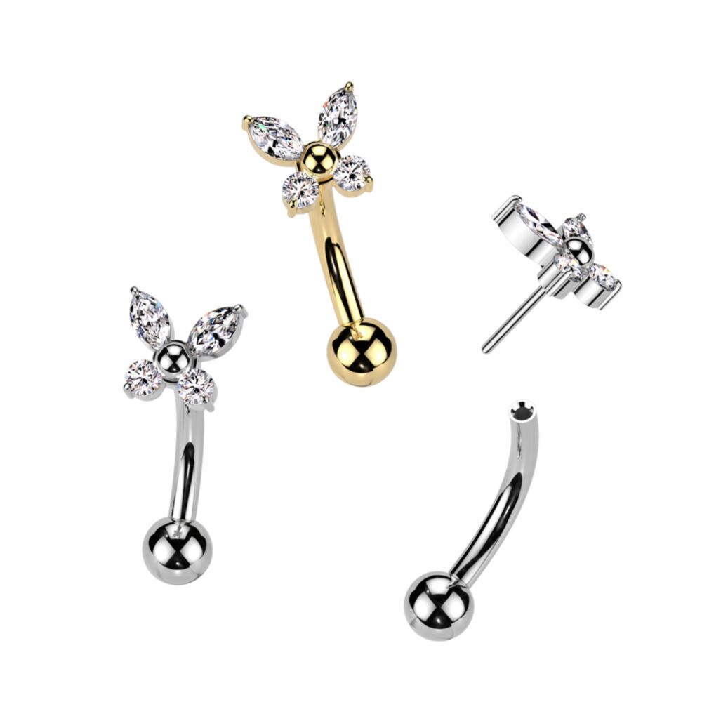 Implant Grade Titanium Threadless Push In Eyebrow Curved Barbell With CZ Butterfly Top