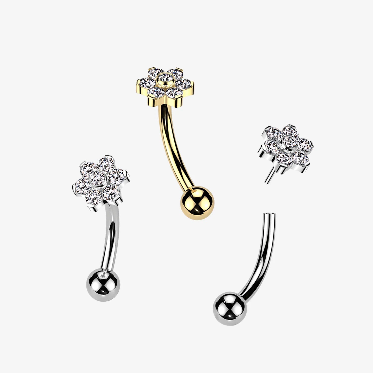 Implant Grade Titanium Threadless Push In Eyebrow Curved Barbell With Prong Set CZ Flower With Bezel Set CZ Center