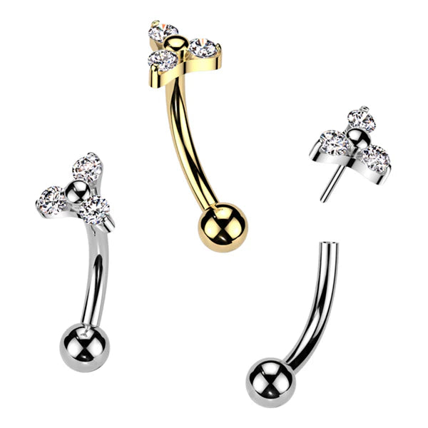 Implant Grade Titanium Threadless Push In Eyebrow Curved Barbell With Prong Set CZ Trinity Top