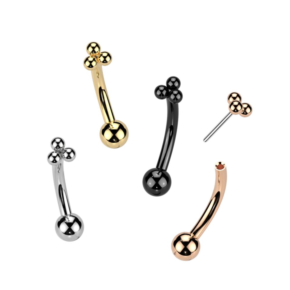 Implant Grade Titanium Threadless Push In Eyebrow Curved Barbell With Triangular Trinity Ball Cluster Top