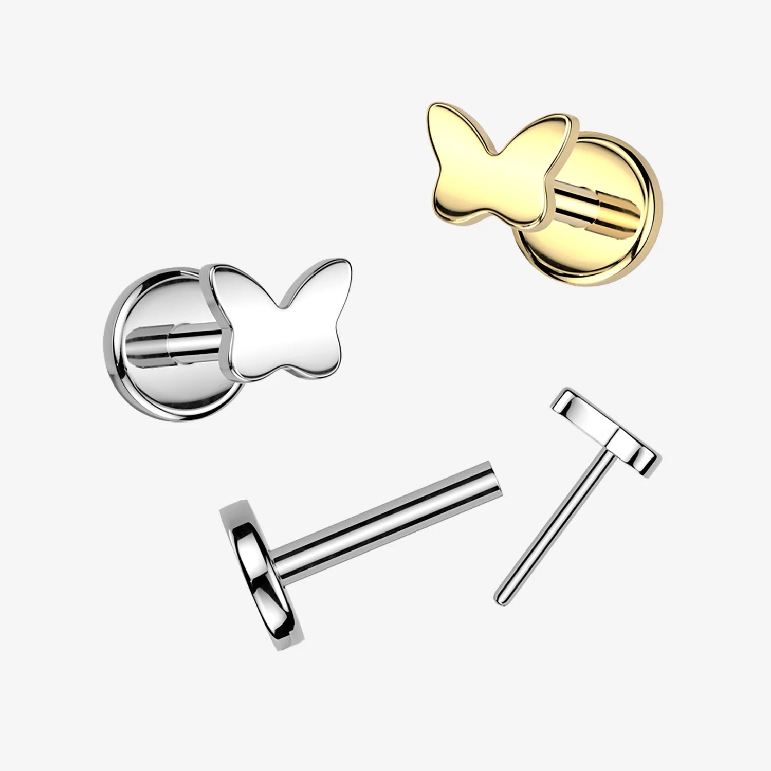 Implant Grade Titanium Threadless Push In Flat Back Earring Stud With Butterfly Top