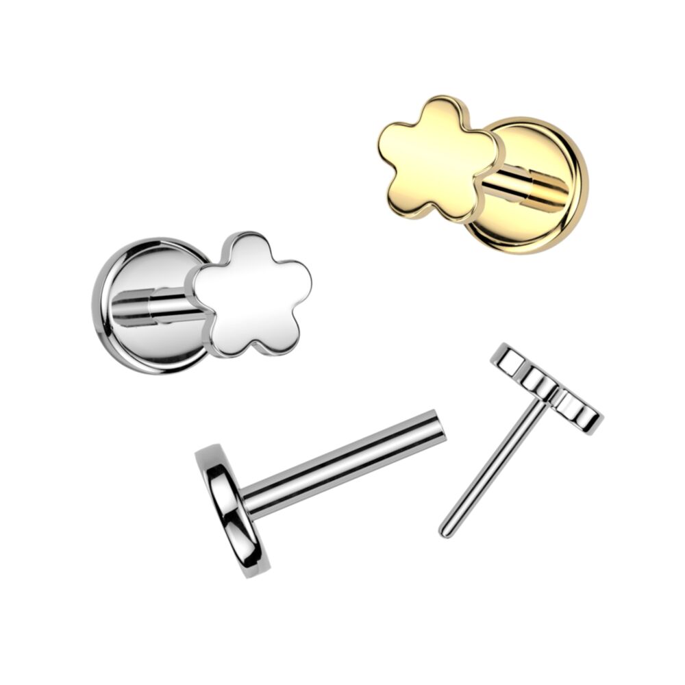 Implant Grade Titanium Threadless Push In Flat Back Earring Stud With Flower Top