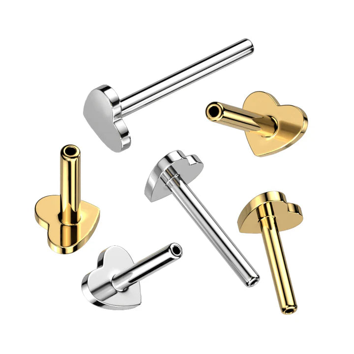 Implant Grade Titanium Threadless Push In Flat Back Labret Pin With Heart Shaped Base