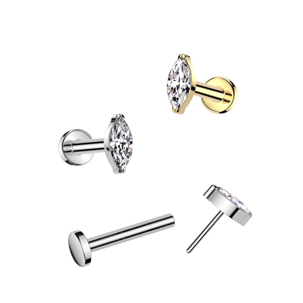 Implant Grade Titanium Threadless Push In Flat Back Stud With Marquise CZ Top