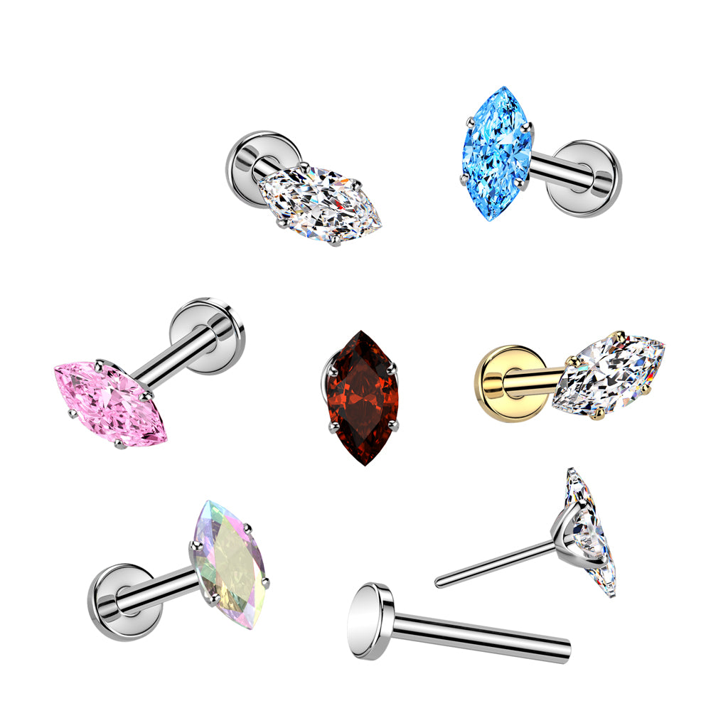 Implant Grade Titanium Threadless Push In Flat Back Stud With Prong Set Marquise CZ Top