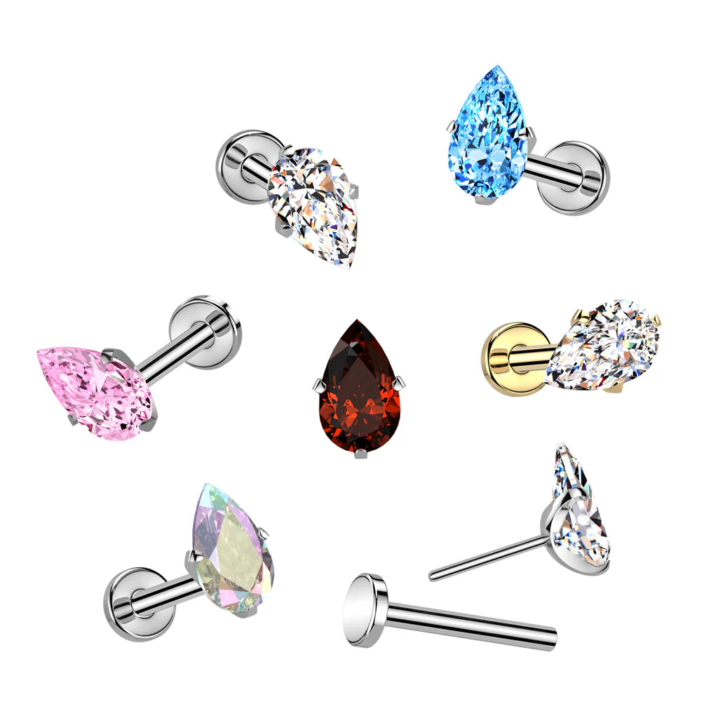 Implant Grade Titanium Threadless Push In Flat Back Stud With Prong Set Teardrop CZ Top