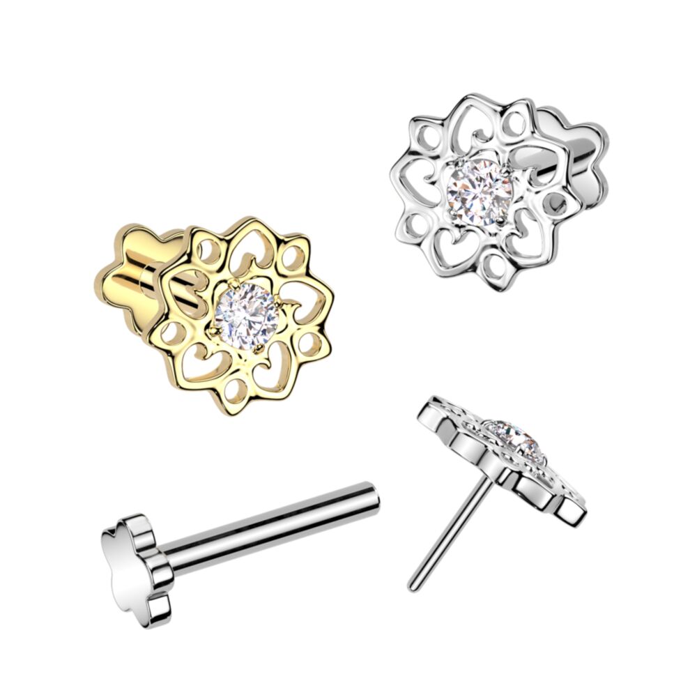 Implant Grade Titanium Threadless Push In Flower Base Flat Back Stud With Hollow Floral CZ Center Top