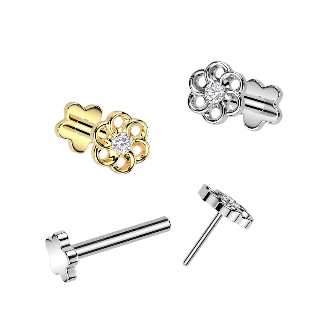Implant Grade Titanium Threadless Push In Flower Base Flat Back Stud With Small Hollow Swirl Flower CZ Center Top