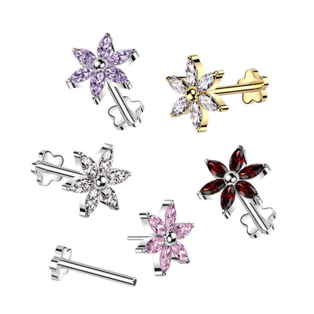 Implant Grade Titanium Threadless Push In Flower Base Labret With 6 Marquise CZ Petals Flower Top