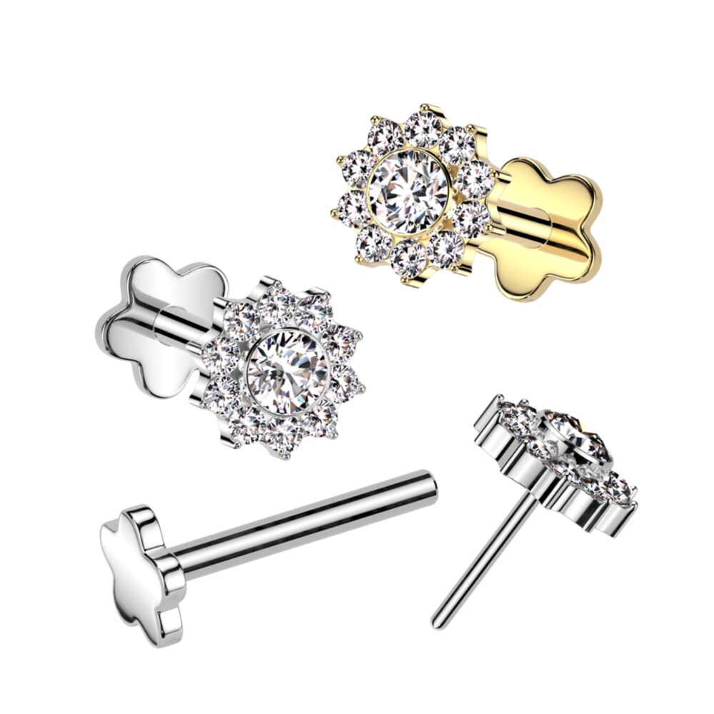 Implant Grade Titanium Threadless Push In Flower Base Labret With CZ Pave Flower Top