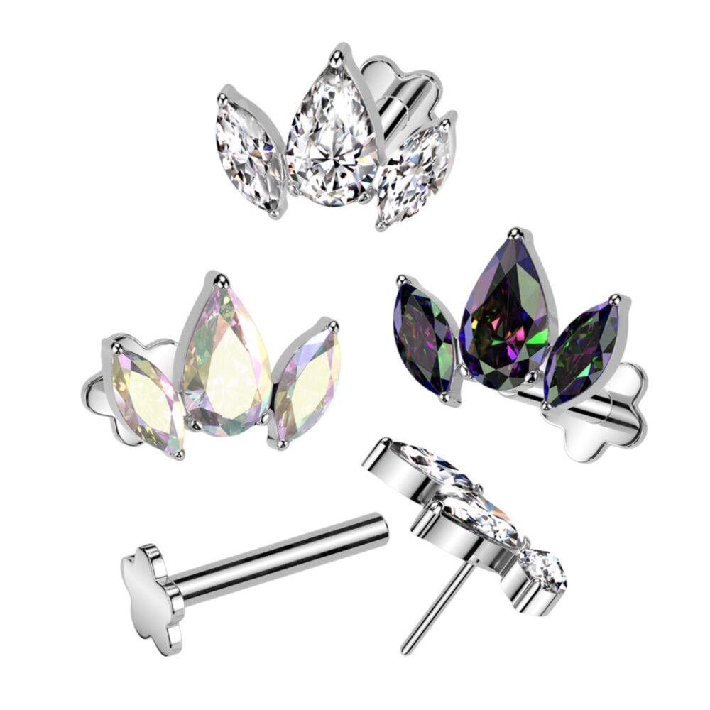 Implant Grade Titanium Threadless Push In Flower Base Labret With Pear CZ Between 2 Marquise CZ Top