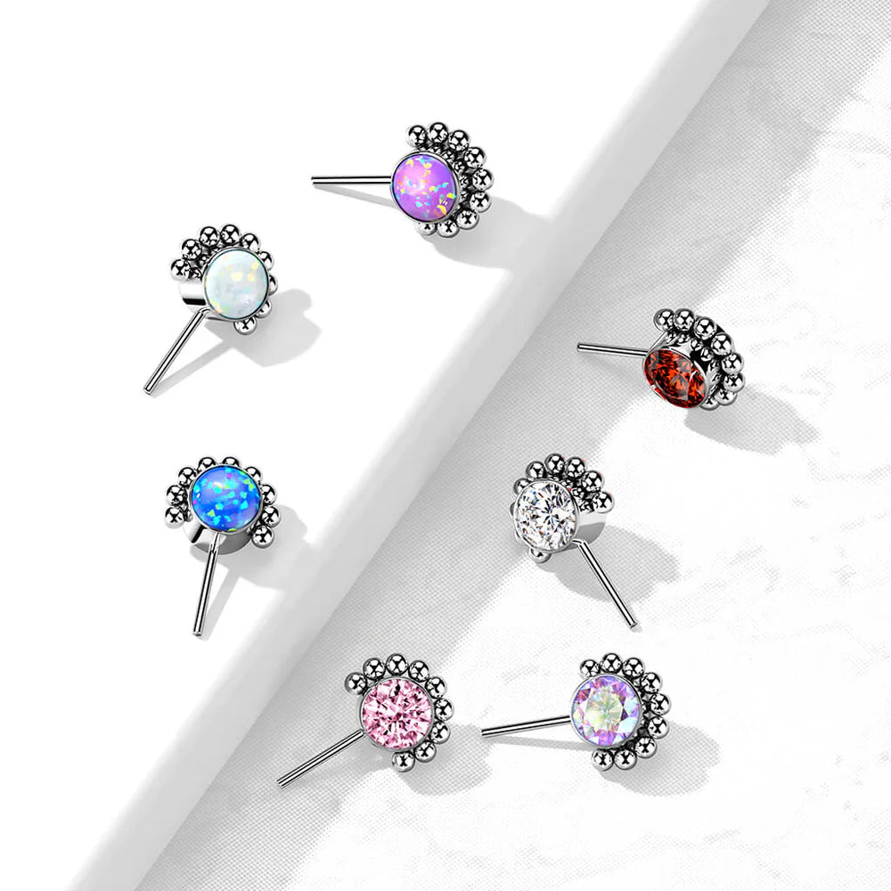Implant Grade Titanium Threadless Push In Forward Facing Bezel Set CZ or Opal With Beaded Ball Edge