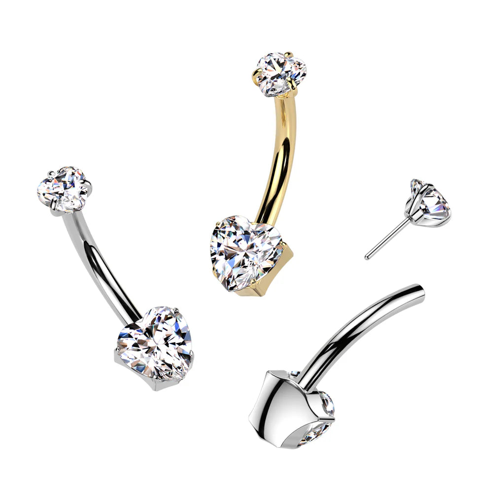 Implant Grade Titanium Threadless Push In Heart CZ Prong Set Belly Button Ring With Prong Set Heart CZ Top