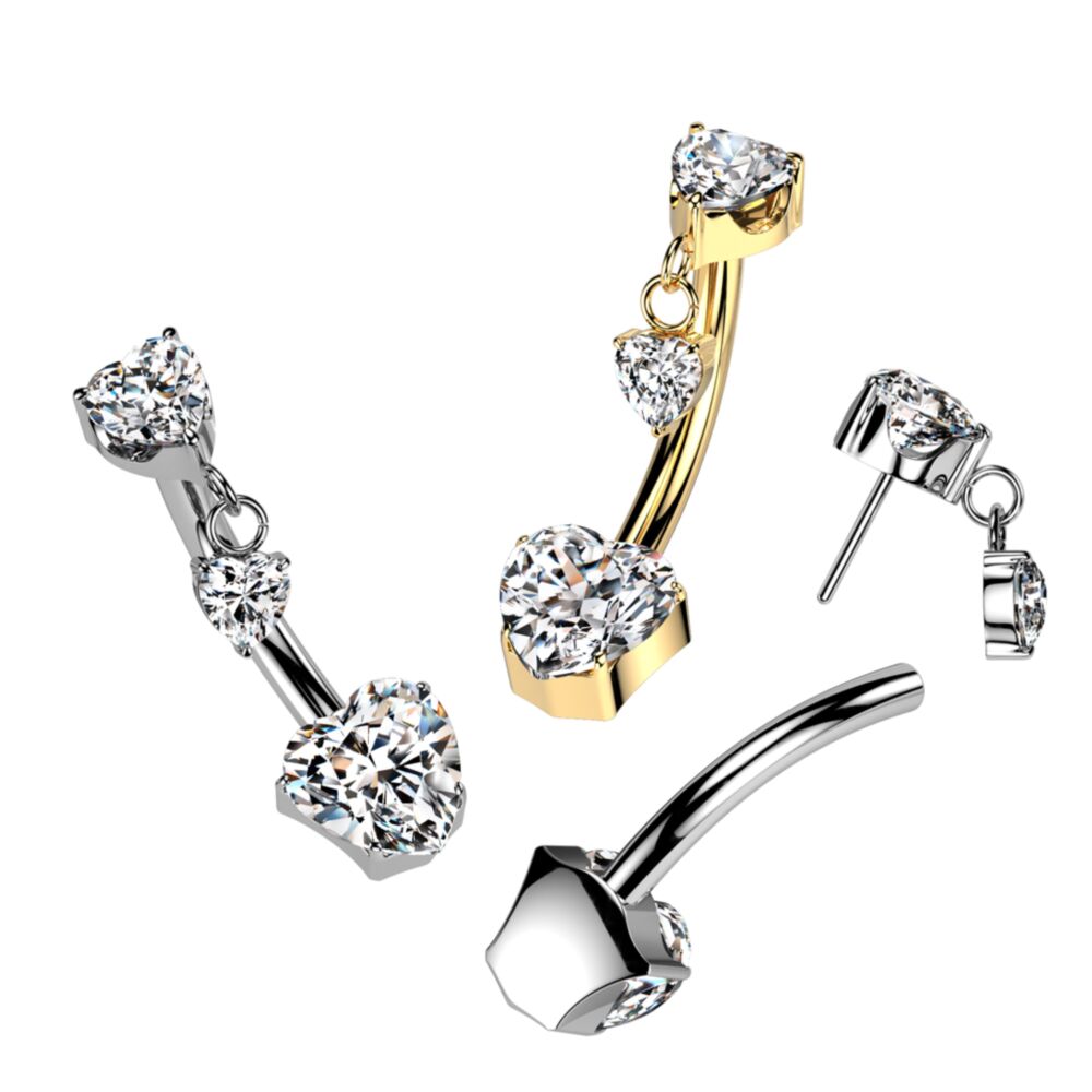 Implant Grade Titanium Threadless Push In Heart CZ Prong Set Belly Button Ring With Prong Set Heart CZ Top And Heart CZ Dangle