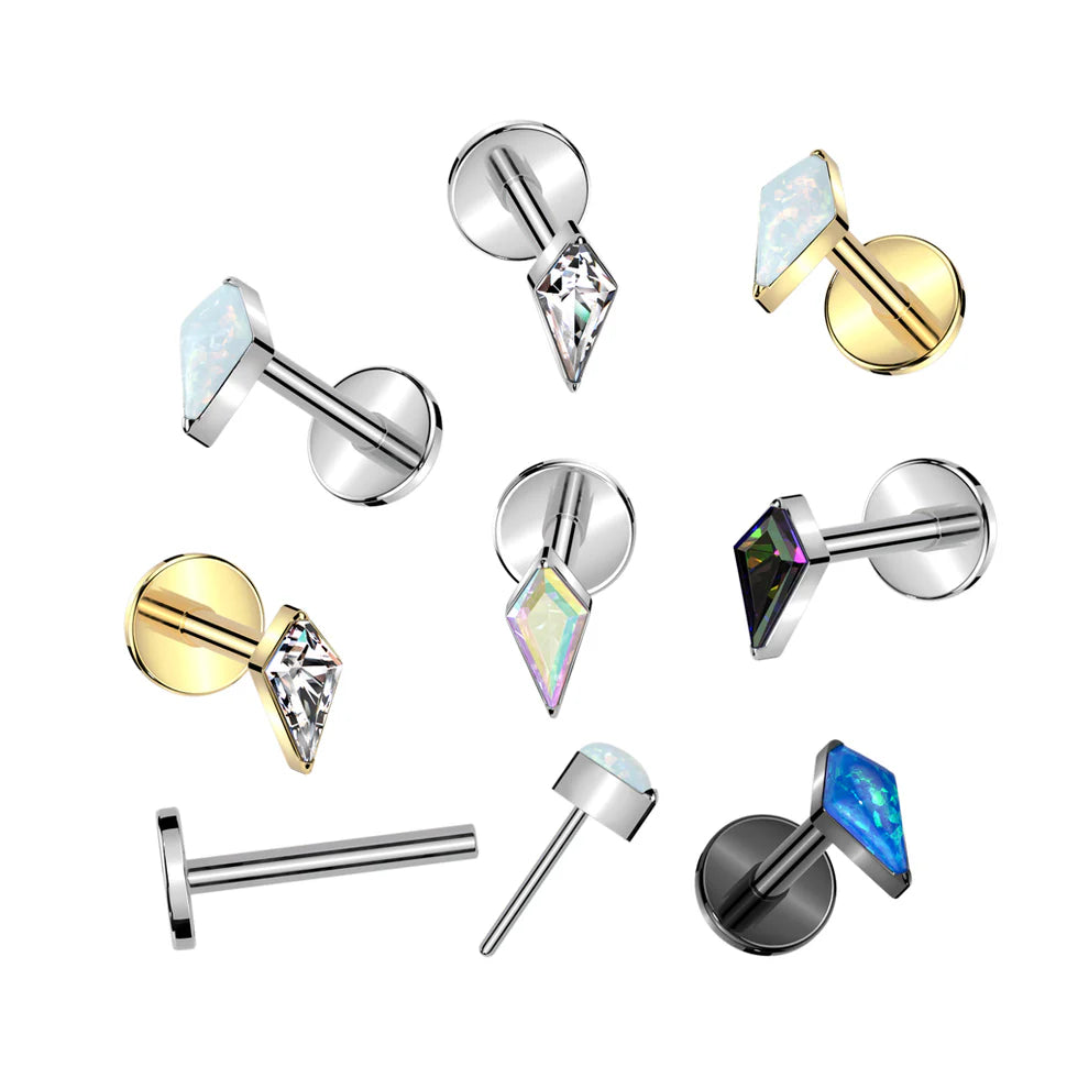 Implant Grade Titanium Threadless Push In Labret With Diamond Shaped CZ or Opal Spear Top