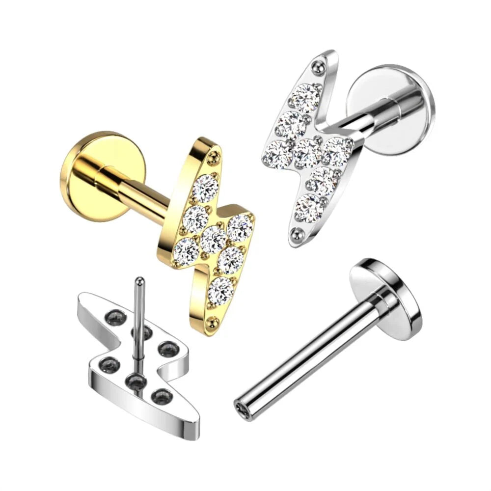Implant Grade Titanium Threadless Push In Labret With Lightning Bolt CNC Set CZ Top