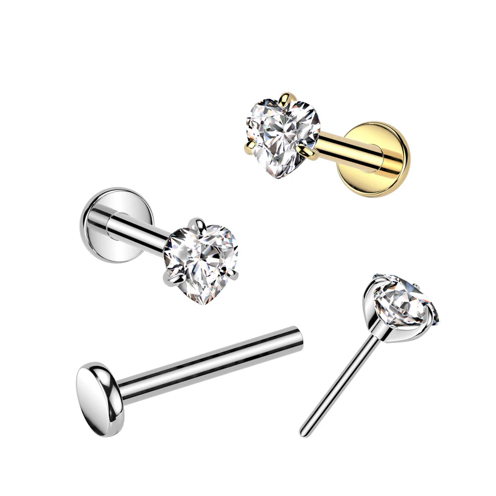 Implant Grade Titanium Threadless Push In Labret With Prong Set Heart CZ Top