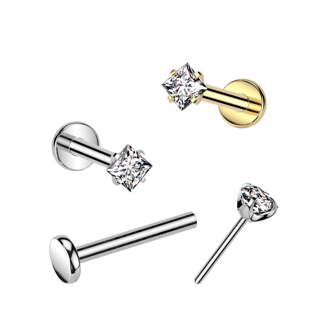 Implant Grade Titanium Threadless Push In Labret With Prong Set Square CZ Top