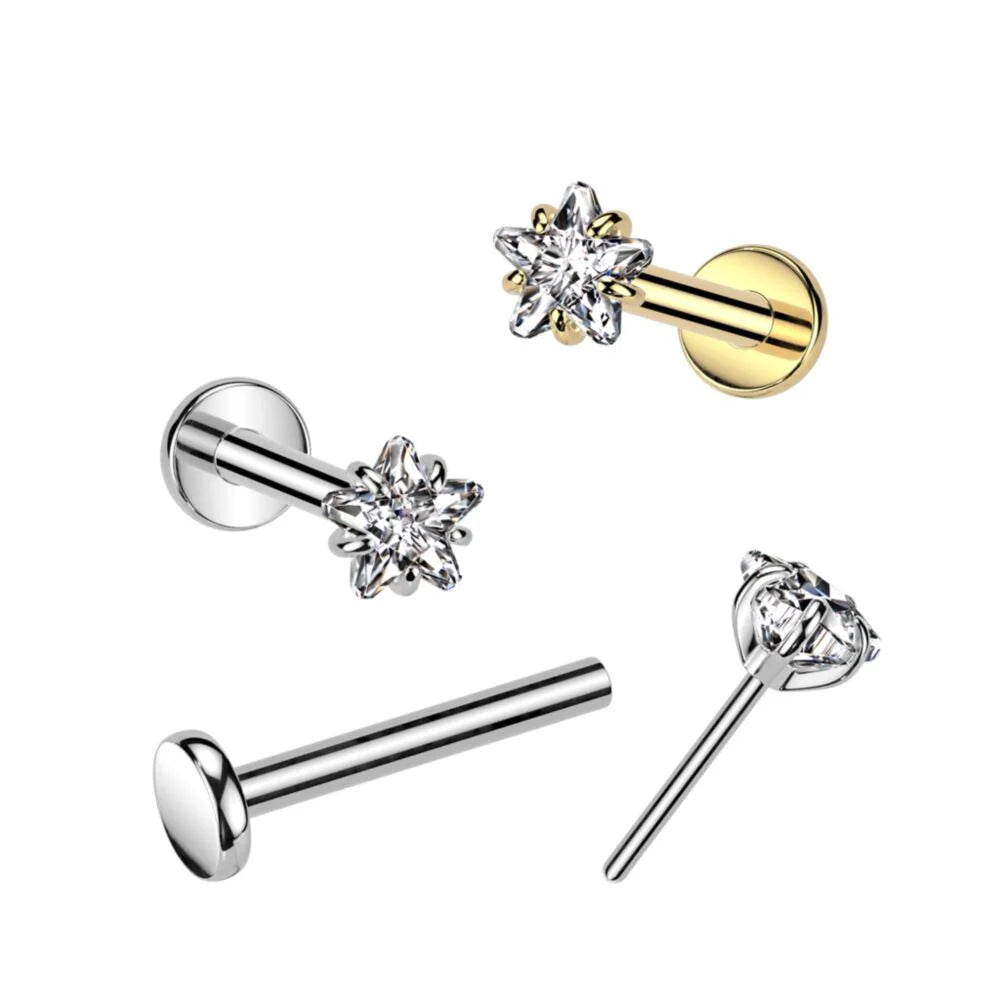 Implant Grade Titanium Threadless Push In Labret With Prong Set Star CZ Top
