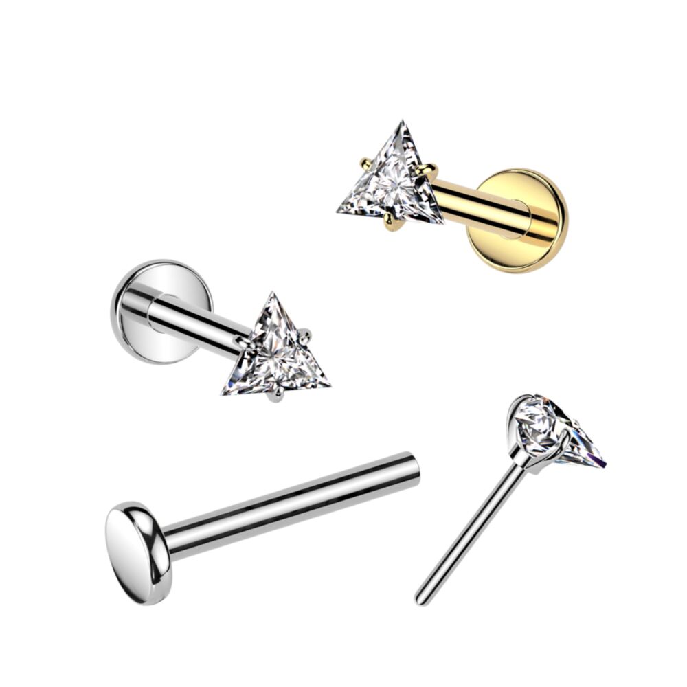 Implant Grade Titanium Threadless Push In Labret With Prong Set Triangle CZ Top