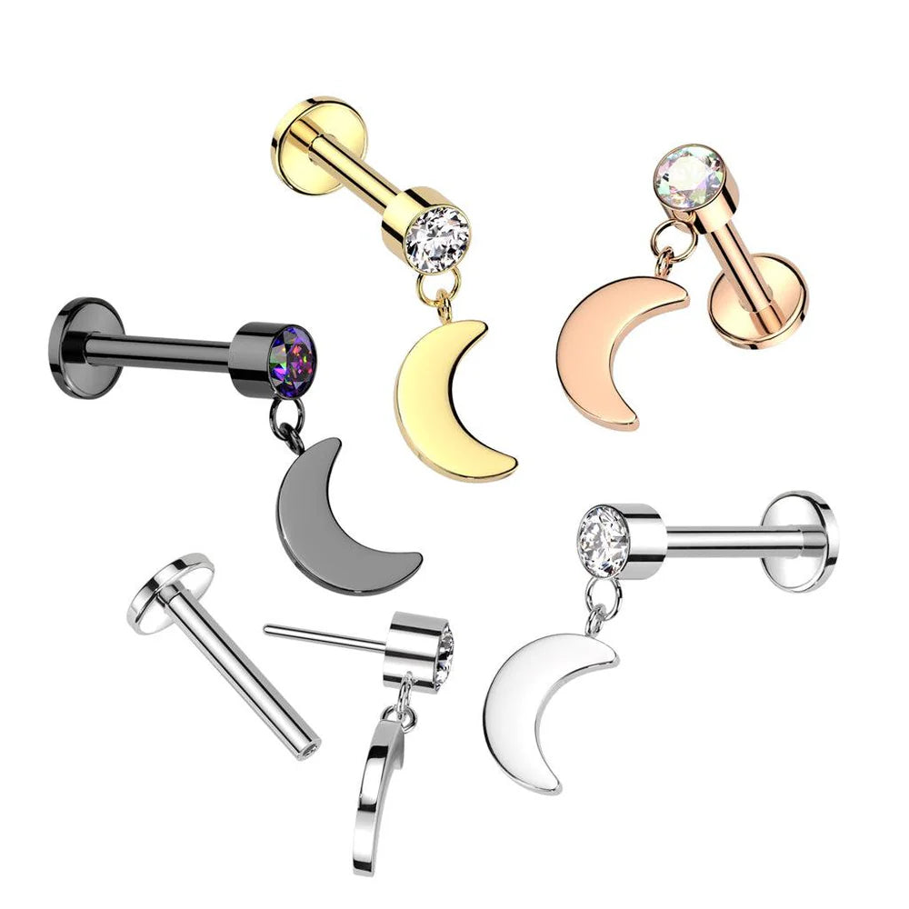 Implant Grade Titanium Threadless Push In Labret With Round Bezel Set CZ and Crescent Moon Dangle Top