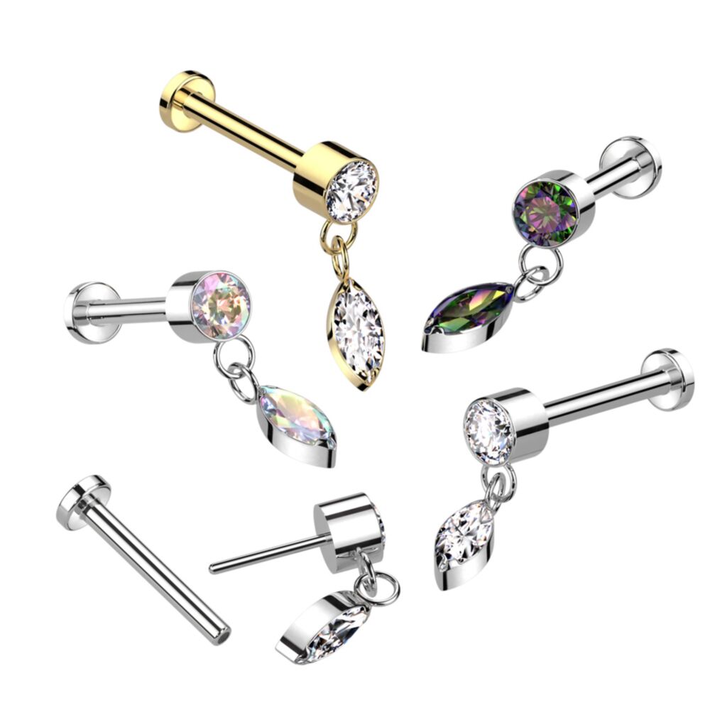 Implant Grade Titanium Threadless Push In Labret With Round Bezel Set CZ and Marquise CZ Dangle Top