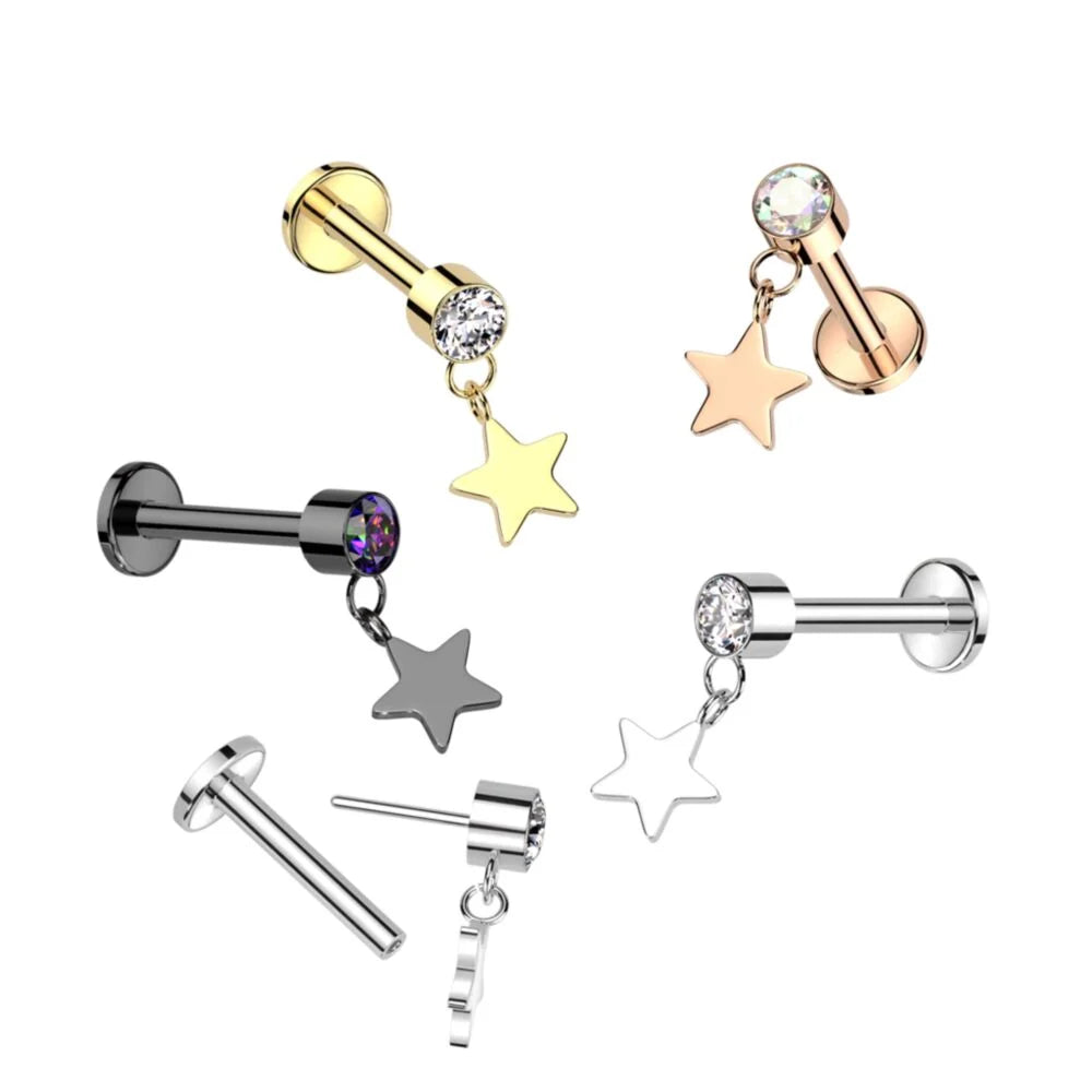 Implant Grade Titanium Threadless Push In Labret With Round Bezel Set CZ and Star Dangle Top
