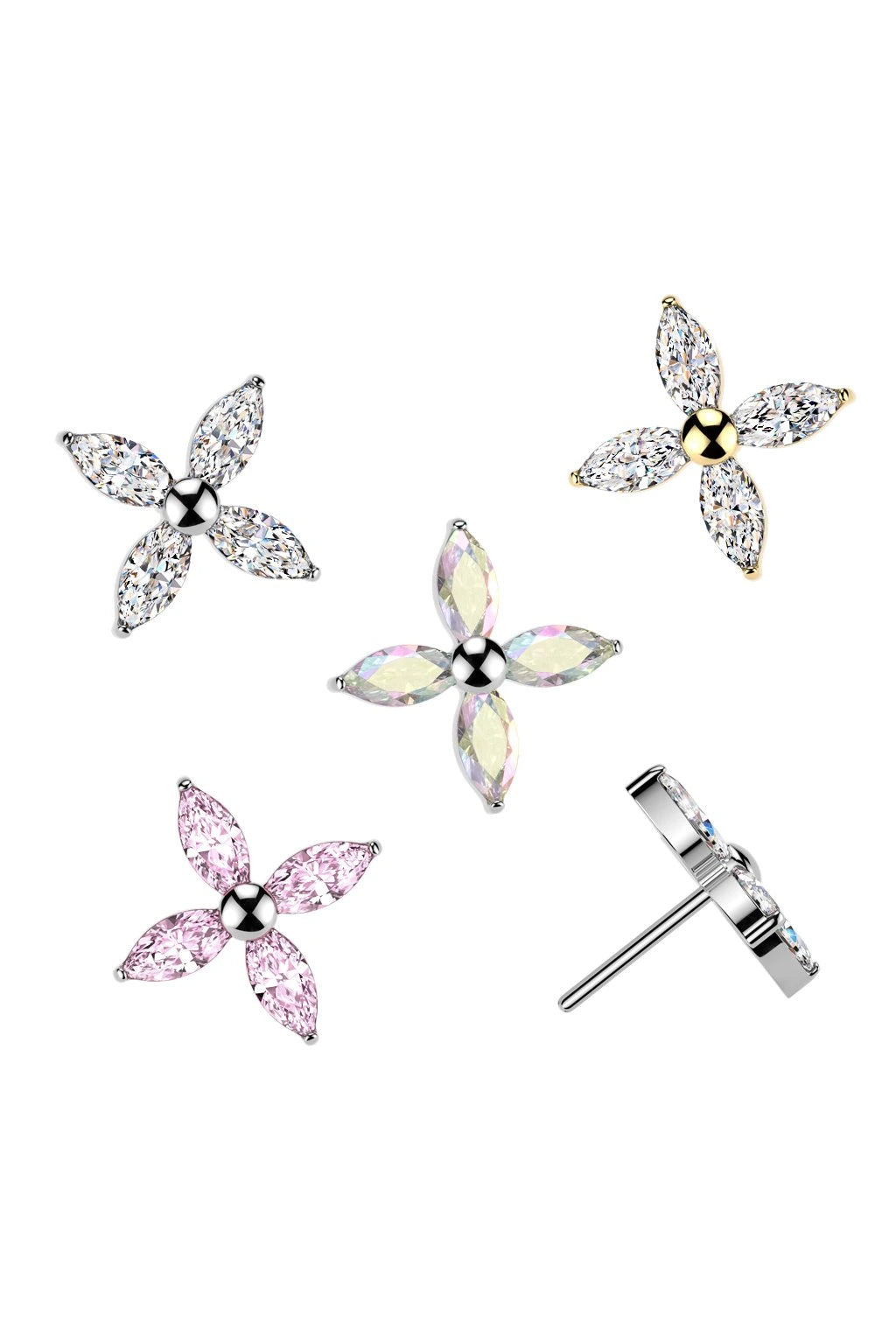 Implant Grade Titanium Threadless Push In Marquise CZ Flower Top