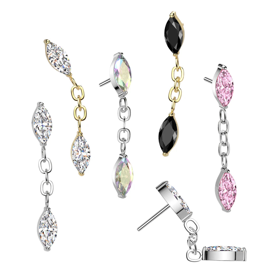 Implant Grade Titanium Threadless Push In Marquise CZ With Marquise CZ Dangle Top