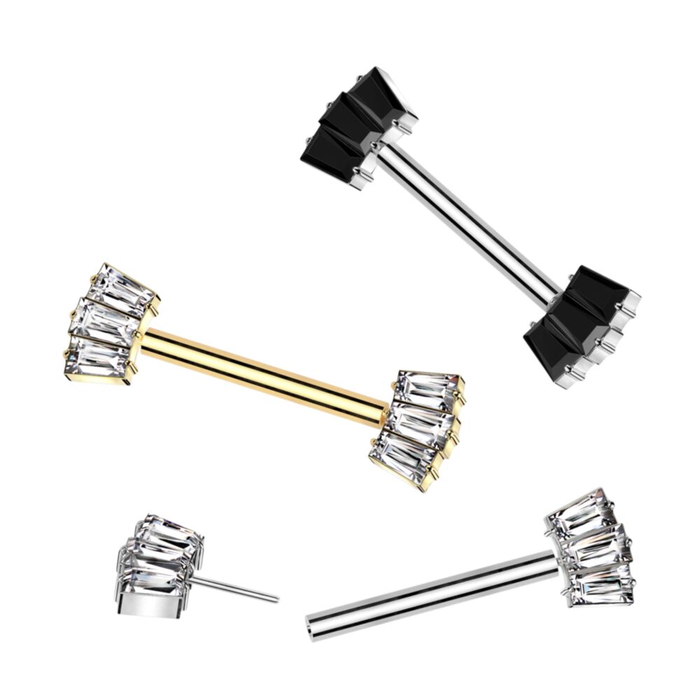 Implant Grade Titanium Threadless Push In Nipple Barbell With 3 Baguette CZ Fan Forward Facing Ends