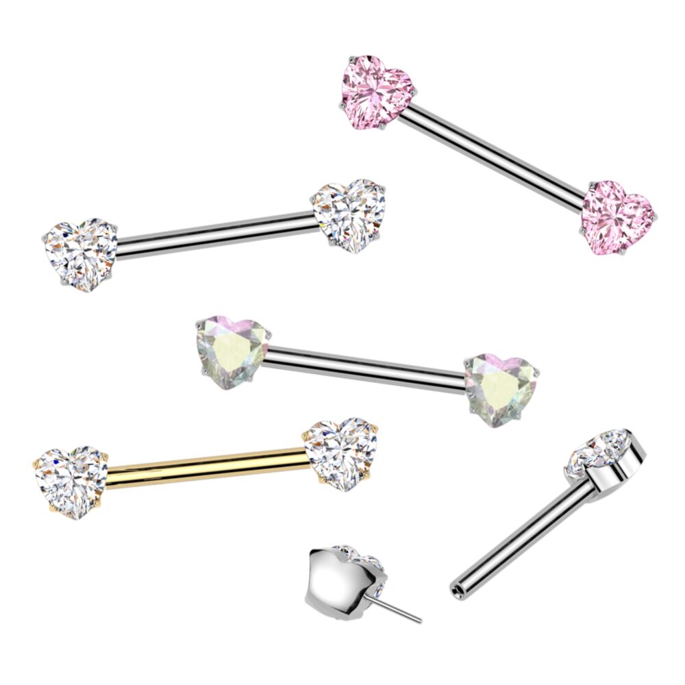 Implant Grade Titanium Threadless Push In Nipple Barbell With 4 Prong Set Heart CZ Rounded Back Ends