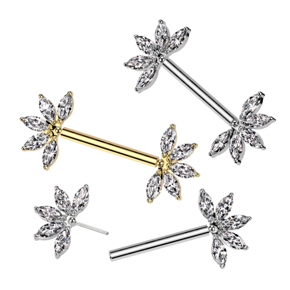 Implant Grade Titanium Threadless Push In Nipple Barbell With 5 Marquise CZ Forward Facing Fan Ends