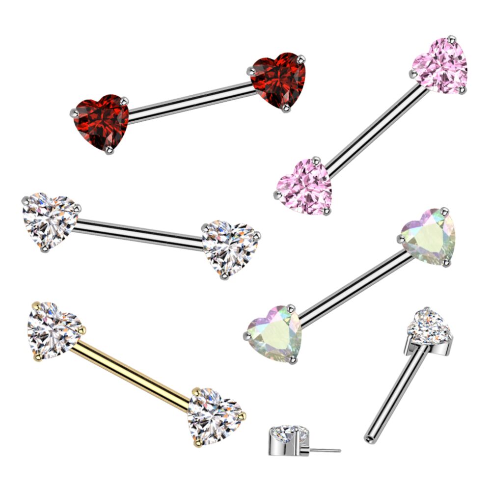 Implant Grade Titanium Threadless Push In Nipple Barbell With Prong Set Heart CZ Ends