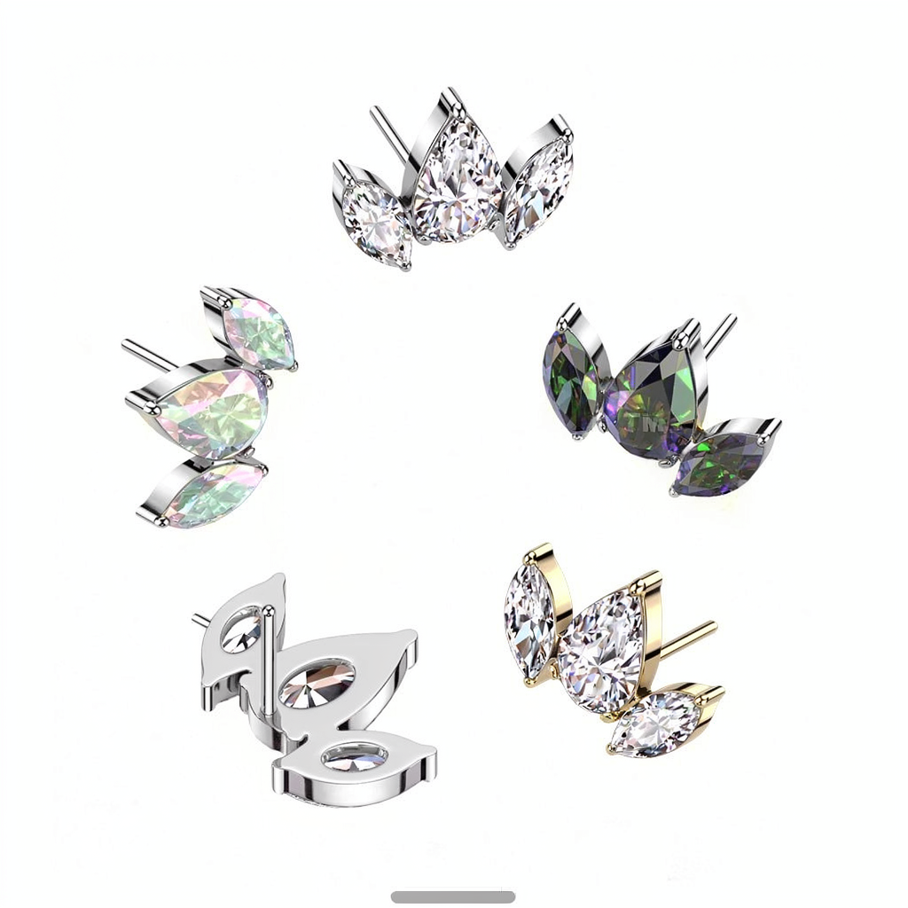 Implant Grade Titanium Threadless Push In Pear CZ Between 2 Marquise CZ Top