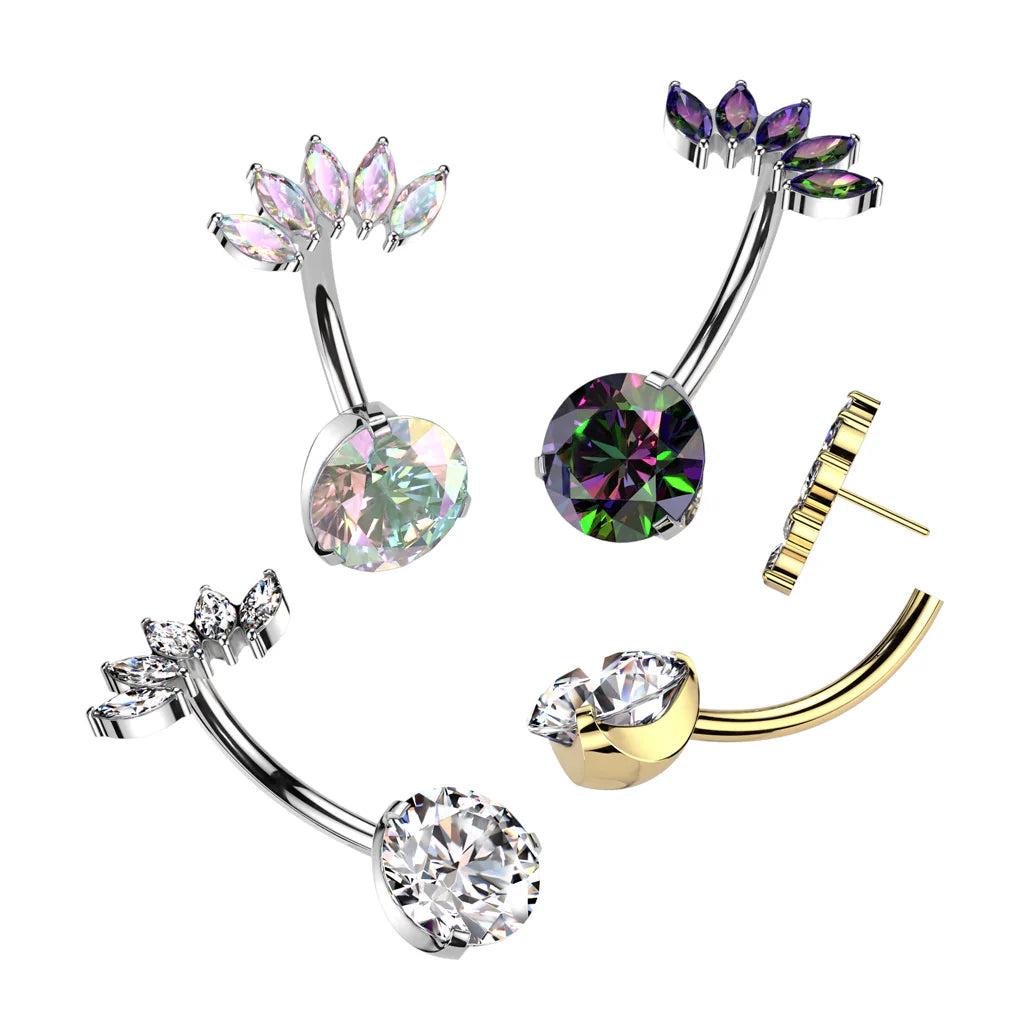 Implant Grade Titanium Threadless Push In Prong Set Bottom With 5 Marquise CZ Fan Top Belly Button Ring