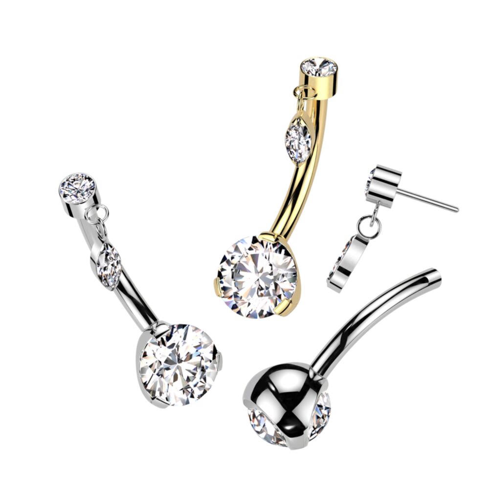 Implant Grade Titanium Threadless Push In Prong Set Bottom With Bezel Set CZ and Marquise CZ Dangle Top