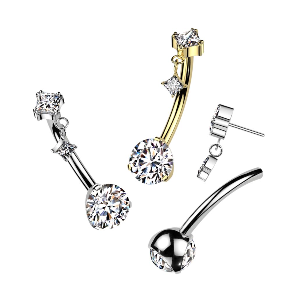 Implant Grade Titanium Threadless Push In Prong Set Bottom With Prong Set Diamond CZ Top And Prong Set Diamond CZ Dangle