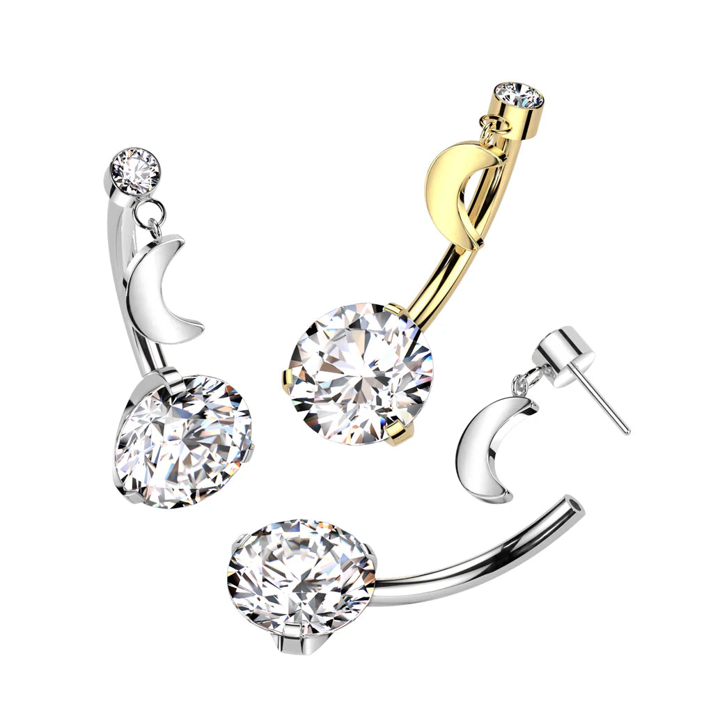 Implant Grade Titanium Threadless Push In Prong Set Bottom With Round Bezel Set CZ and Crescent Moon Dangle Top Belly Button Ring