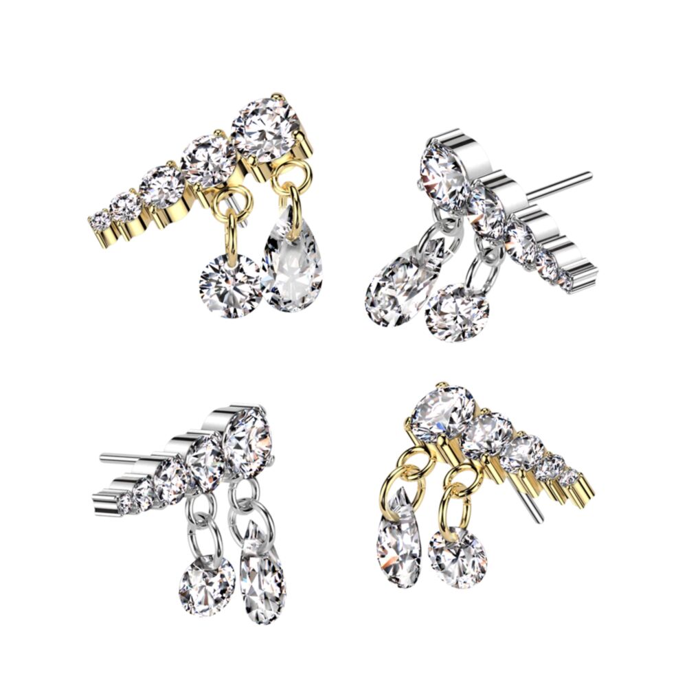 Implant Grade Titanium Threadless Push In Prong Set Descending 5 CZ Line Top With 2 Dangling CZ's