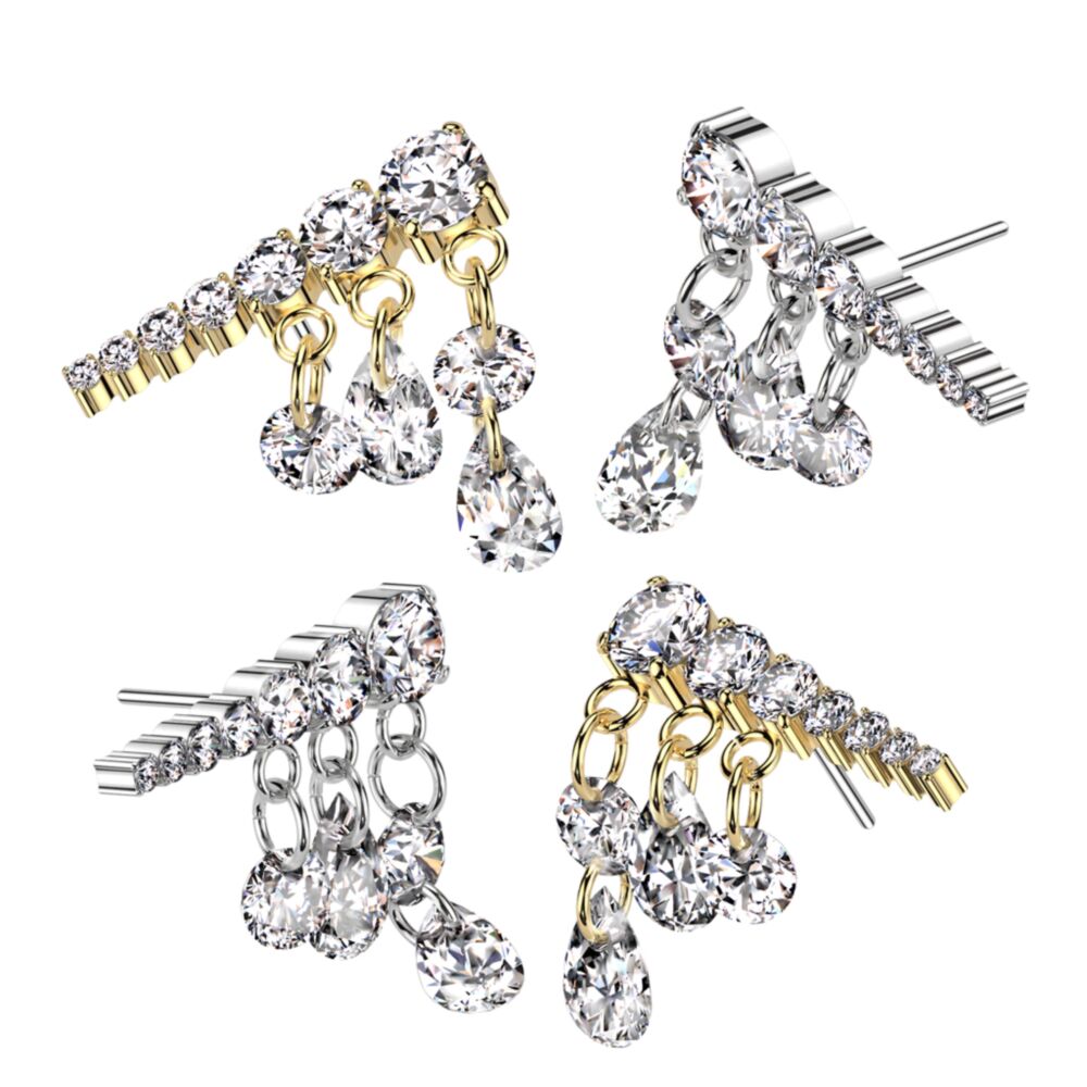 Implant Grade Titanium Threadless Push In Prong Set Descending 7 CZ Line Top With 3 Dangling CZ's