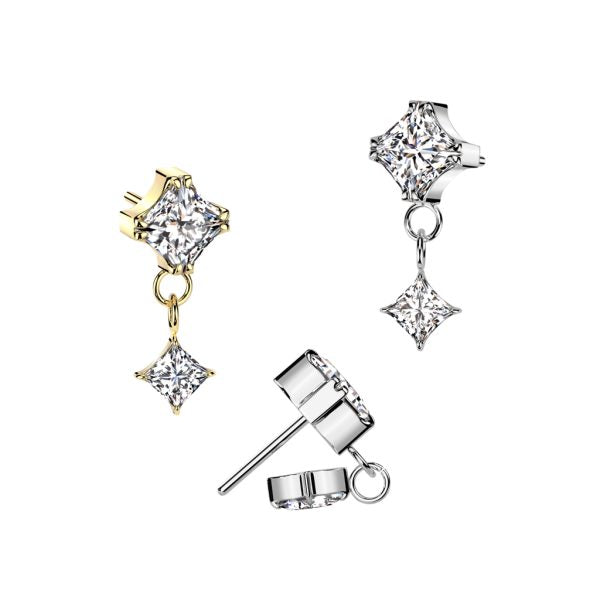 Implant Grade Titanium Threadless Push In Prong Set Diamond CZ Top With Prong Set Diamond CZ Dangle